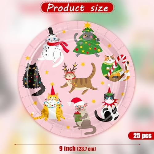 WRAPAHOLIC 25Pcs Christmas Paper Plates - 9 Inch Kitten Tree Disposable Plates Decorative Dinner Plates for Christmas Party Tableware Supplies Table Decor - Image 2