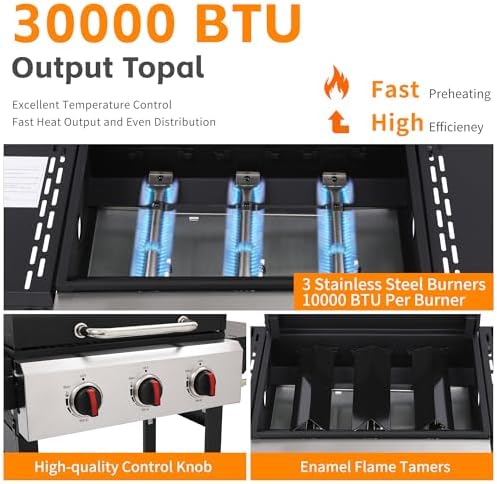 3-Burner Propane Gas Grill with Cast Iron Grate - 30000 BTU Output & Easy-Clean Grease Management for Perfect BBQs (3-Burner) - Image 6