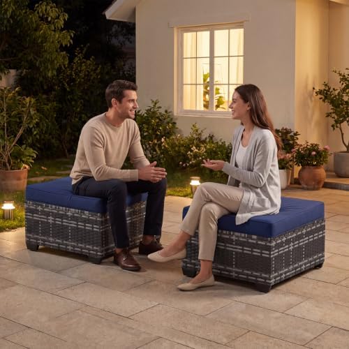 Aoxun 2 Piece Patio Sofa Ottomans with 4" Thick Cushions, Wicker Outdoor Couch Extension Set, All-Weather Rattan Seating Accessory for Backyard Furniture, Navy Blue - Image 6