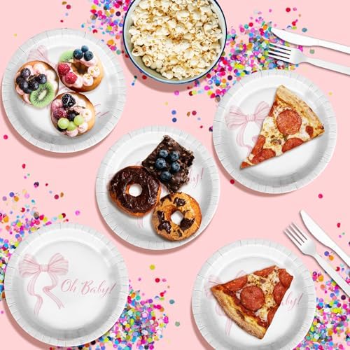 Birthday Galore Pink Bows Oh Baby Baby Shower - 32 Piece Disposable Party Supplies - Girl's Baby Shower Decorations - Round Party Plates - Large 9" Paper Plates In Bulk - Image 5