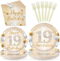96Pcs White and Gold 19th Birthday Party Decorations,Serves 24 by Greencian