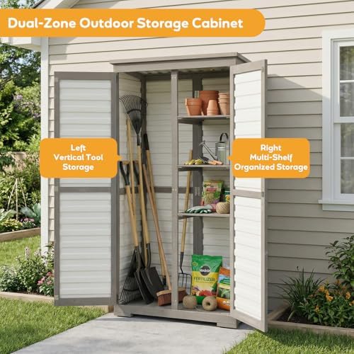 PetsCosset Outdoor Storage Cabinet with Shelves, Wood & Plastic Garden Shed, Weatherproof Outside Tool Cabinet for Patio, Backyard, Pool - Image 2