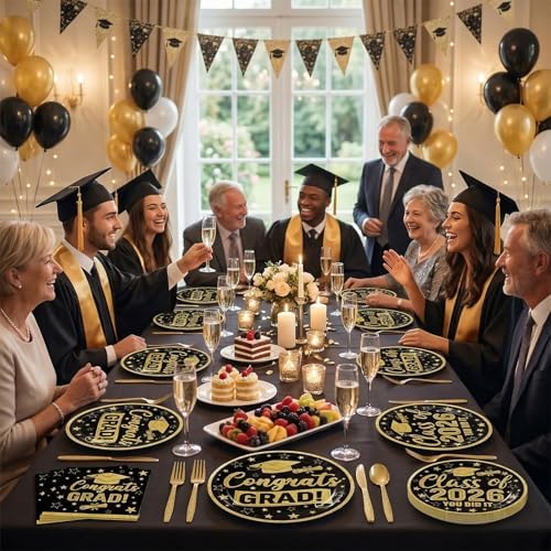 100 Pcs Graduation Party Supplies Set, Serves 25 – Disposable Black and Gold Graduation Paper Plates, Napkins, and Forks, Congrats Grad Dinnerware for Class of 2026, Prom Party Decorations - Image 4