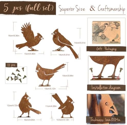 OULYDEKO 5PCS Rusty Birds Decoration, Garden Decor Spring Decorations Outdoor, Metal Birds Yard Decor Perfect Yard Art and Large Outdoor Ornaments, Cardinal Gifts，Metal Bird Silhouette Statues - Image 6