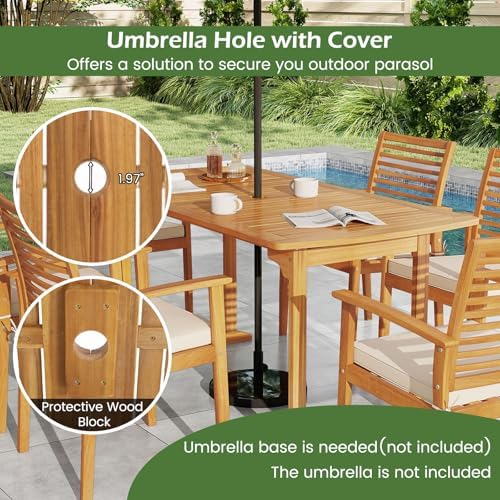 Tangkula 7 Piece Patio Acacia Wood Dining Set for 6, Patio Rectangle Table with Umbrella Hole & 6 Cushioned Armchairs, for Backyard Garden Poolside Deck, Natural - Image 4