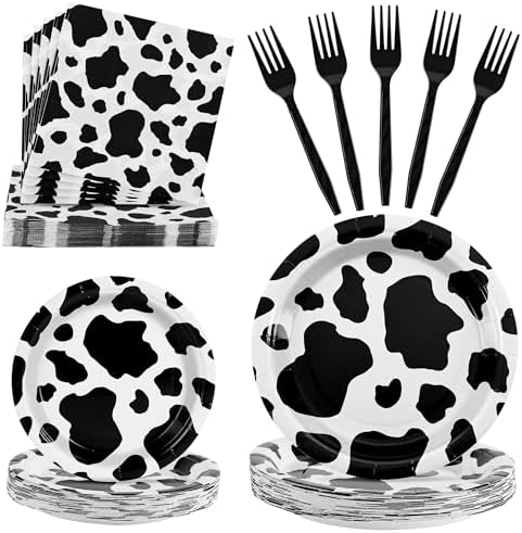100 Pcs Disposable Black Cow Print Tableware Set for 25 Guests by COSINIA