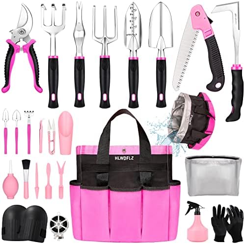 Pink Garden Tool Set Gardening Items for Women - 24PCS Heavy Duty Garden Tools with Detachable Storage Bag, Succulent Tool Set, Weeder by HLWDFLZ