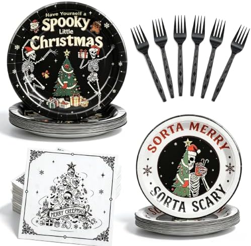 125 Pcs Gothic Halloween Christmas Tableware Set | Skull Christmas Disposable Paper Plates Napkins Forks, Goth Dinnerware set for Xmas Birthday Halloween Party Supplies by Rokochoes