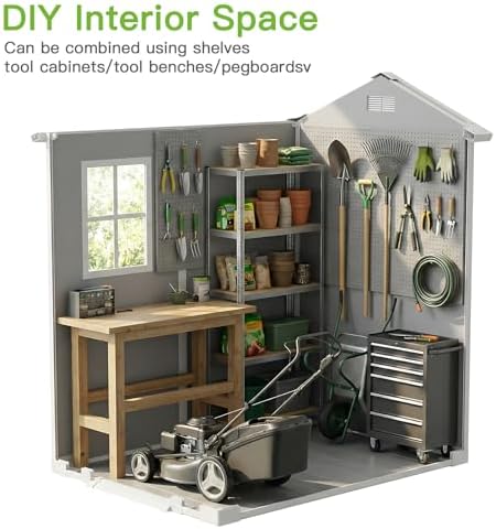 4x6 FT Outdoor Storage Shed with Floor & Window, All-Weather Resin Garden Tool Shed, Waterproof Plastic Garden Shed with Lockable Door, Vents & Roof Rainwater Drainage for Backyard, Garden, Poolside - Image 6