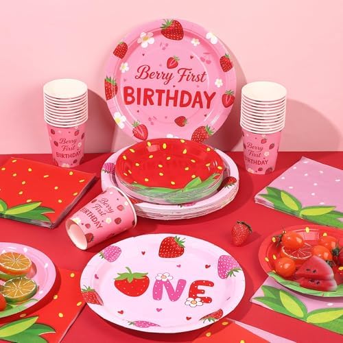 Kochorie 96 Pieces Berry First Birthday Decor Disposable Strawberry Tableware Set Include Fruit 7/9 Inch Paper Plates Cups Napkins Serve 24 Guests for Sweet One Baby Shower Berry Party Supplies - Image 5