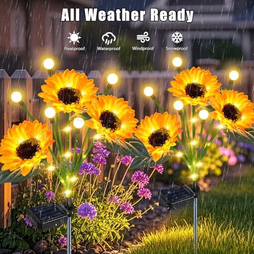 6 Pack Solar Sunflowers with Firefly Lights Garden Decor Gifts - Image 4