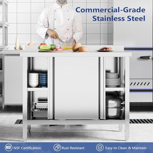 ROVSUN Stainless Steel Table with Cabinet 39" x 19",Commercial Pre Table with Backsplash, Heavy Duty with 2 Sliding Doors, Large Space Storage for Kitchen Restaurant Hotel Garage Warehouse - Image 4