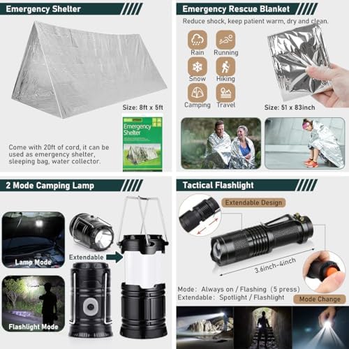Survival Kit, 262Pcs Survival Gear and Supplies with First Aid Kit Pouch and Crossbody Bag, Emergency Kit with Tent, Camping Axe Hammer, Survival Shovel w/Pick, Bug Out Bag Gifts for Men Women - Image 5