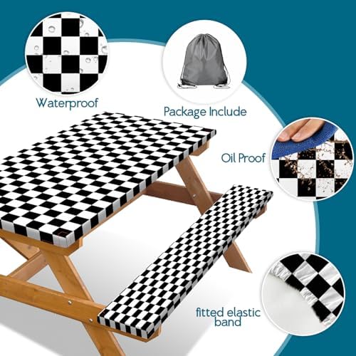 Picnic Table Cover with Bench Covers and Bag, Black and White Checkered Buffalo Plaid Camping Tablecloth Waterproof Windproof Elastic Edges Fitted Gingham Tablecloth for Outdoor Garden 3PCS 30x60 Inch - Image 6