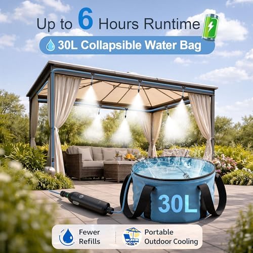 Portable Misting System for Outdoor Cooling, 23 FT Misters for Outside Patio with Rechargeable Pump, 30L Water Bag, 6 Adjustable Nozzles for Tent, Canopy, Backyard, Umbrella and Camping - Image 5