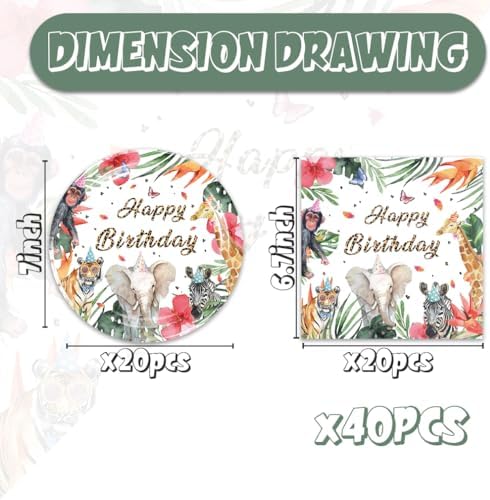 40pcs Safari Animals Party Supplies,include 20 Dessert plate and 20 Napkin,Animals Wild Party Plate Napkin Set,Used for Jungle Safari Party Decoration - Image 2