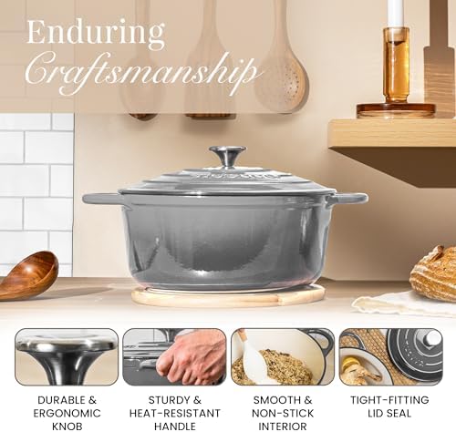 Nuovva Enamelled Cast Iron Dutch Oven Pot with Lid-6.4 Quart Non Stick Casserole Pot-Heavy Duty & Oven Safe up to 500° F for Bread Baking, Braising, Stews, Roasting - 28cm Grey - Image 6