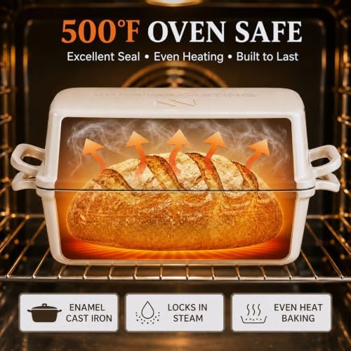 Northriver Casting 2 in 1 Enameled Cast Iron Bread Pan with Lid, Perfect Bread Oven, Loaf Pans for Baking Homemade Sourdough Bread 9x5, 2 Piece set, White - Image 5