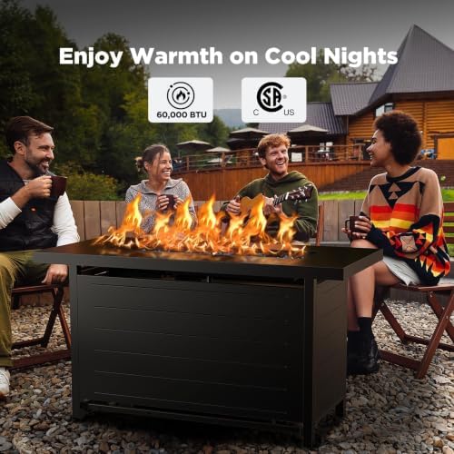 Ciays 43″ Propane Fire Pit with Glass Beads & Lid, 60,000 BTU CSA-Certified Gas Fire Pits with Cup Holders, Hanging Shelf & Nylon Cover, Large Fire Pit Table for Patio/Porch/Deck, Black - Image 2