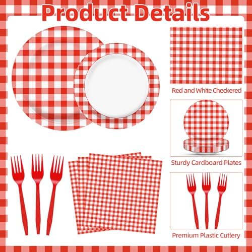 100 Pcs Red White Gingham Party Supplies Set, Serves 25 – Disposable Checkered Paper Plates, Napkins, and Forks, Classic Picnic Themed Tableware for BBQ, Outdoor, Birthday, Holiday Party Decorations - Image 3
