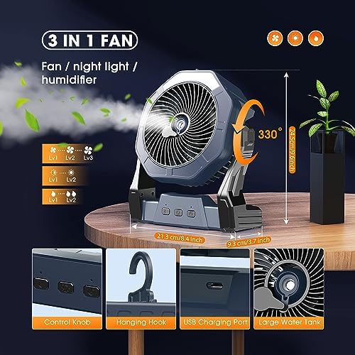 Ausic Solar Misting Fan,【Max 35H】 Portable Outdoor Fans with Solar Panel, 8 Inch Battery Operated Rechargeable Cooling Fans with Hook, Led Light, Mister Fan for Camping/Patios/Chicken Coop - Image 6