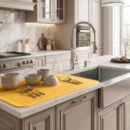 MicoYang Silicone Dish Drying Mat for Multiple Usage,Easy clean,Eco-friendly,Heat-resistant Silicone Mat for Kitchen Counter or Sink,Refrigerator or Drawer Liner Yellow 5XL 36inches x 18inches - Image 5