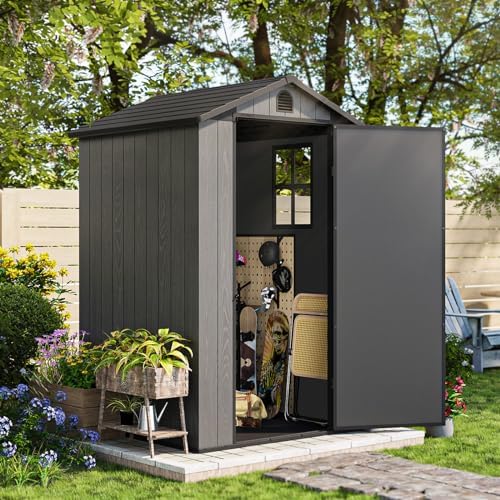 Patiowell 4 x 4 FT Plastic Outdoor Storage Shed with Floor, Garden Tool Resin Shed with Two Windows and Lockable Door for Garden, Backyard, Lawn, Easy to Install, Dark Grey by Patiowell