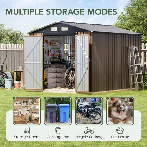 10 x 8 FT Storage Shed with Floor Frame for Backyard, Brown - Image 4