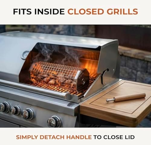 2 Pack Rolling Grill Basket – Stainless Steel Grilling Basket with Lid and Removable Wooden Handle – BBQ Accessories for Vegetables, Shrimp, Meat – Outdoor Cooking Gift for Dad or Husband – Otawe - Image 5