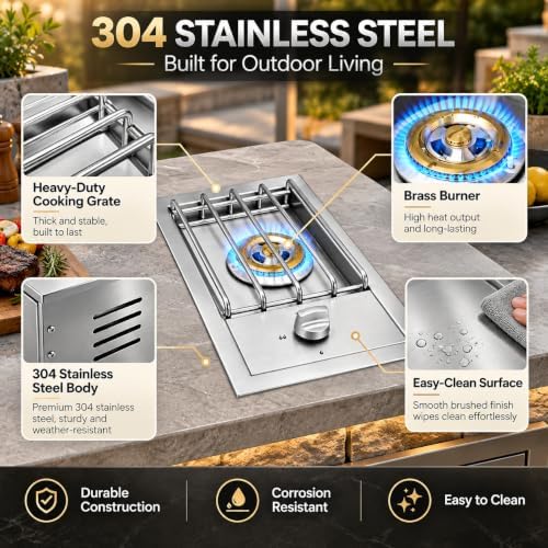 Single Grilling Side Burner for BBQ Grill Island, 15,000 BTU,Liquid Propane Side Burner for Outdoor Kitchen, Convertible to Natural Gas, 304 Stainless Steel - Image 4