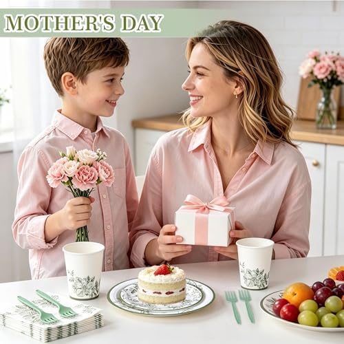 400 Pcs Disposable Sage Green Floral Tableware Set for 50 Guests - Image 4