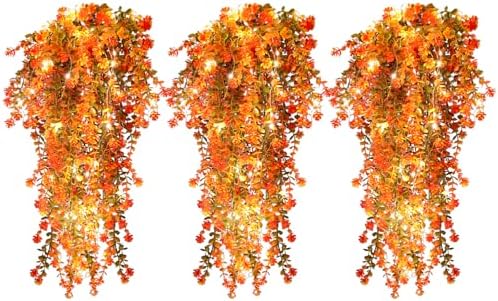 RECUTMS Fall Decor Artificial Flowers Faux Hanging Plants with Lights 3Pcs by RECUTMS