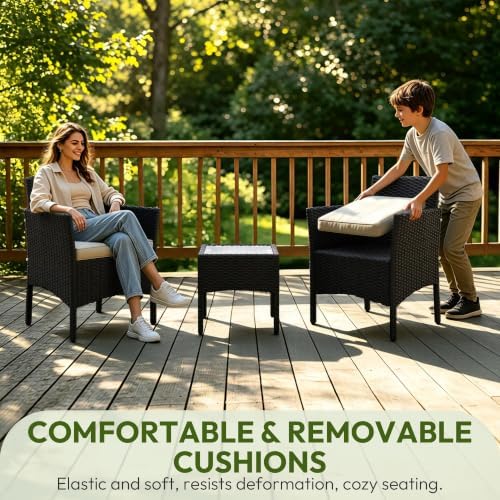 Yaheetech 3 Pieces Patio Conversation Set, Outdoor Rattan Bistro Furniture, 2 Chairs with Cushions & 1 Side Table for Bistro/Porch/Garden/Deck/Courtyard, Black/Khaki - Image 7