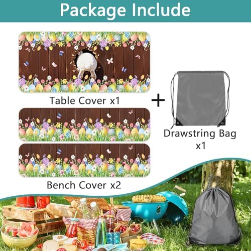 Easter Picnic Table Cover with Bench Covers Elastic Edges, Cute Bunny Flower Brown Wood Fitted Table Cover, Outdoor Patio Camping Essentials, Waterproof Camping Fitted Tablecloth, 3PCS, 30x60 Inch - Image 5