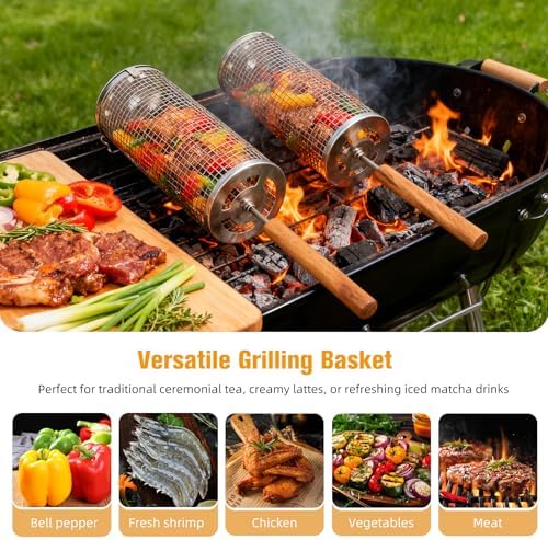 Rolling Grill Baskets (2PCS), Stainless Steel Grill Basket,Dishwasher Safe BBQ Grill Accessories Portable Grill Baskets for Outdoor Grill for Fish, Shrimp,Meat,Vegetables,Fries Outdoor Cooking Camping - Image 3