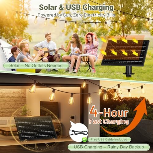 30FT Solar String Lights Waterproof, 10+1 LED Shatterproof Bulbs Solar Powered with Remote & USB Port, 3 Modes Dimmable Outdoor Lights for Patio, Garden, Camping - Image 4