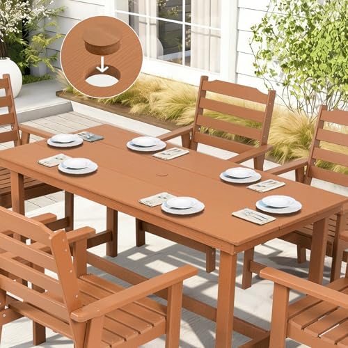 FUNBERRY Outdoor Dining Table, HDPE 6-Person Patio Table with Umbrella Hole - Image 2