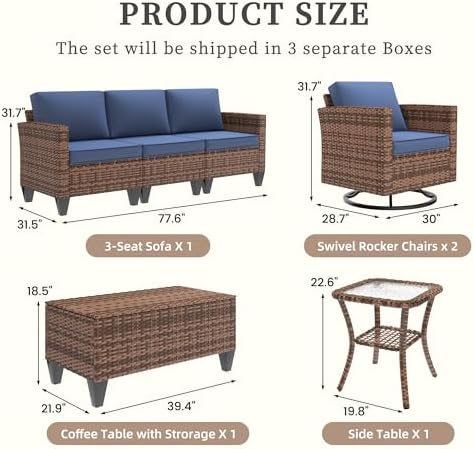 UDPATIO Patio Furniture Set, 5 Pieces Outdoor Conversation Sets with Rocking Swivel Chairs, Wicker Rattan Outdoor Sofa Set with Storage Table and Waterproof Covers for Backyard, Deck, Porch, Navy - Image 3