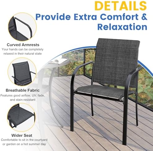 VICLLAX Large Patio Dining Furniture Set, Outdoor Dining Set for 10-60" Round Outdoor Table and Patio Stackable Chairs, Black Tabletop and Grey Fabric - Image 4