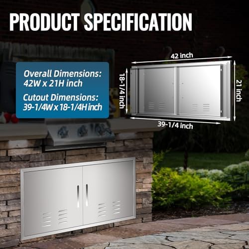 Outdoor Kitchen Doors with Vents - 42W x 21H Inch - 304 Stainless Steel BBQ Double Access Door with Detachable Handles for Outdoor Grill Cabinet,BBQ Island - Image 2