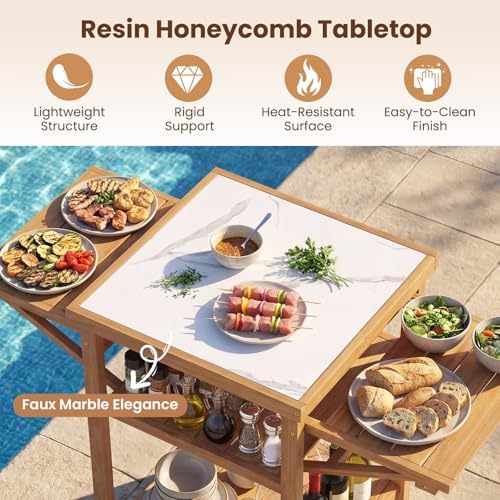 HAPPYGRILL Outdoor Wood Grill Table w/Faux Marble Top, 2-Tier Open Shelves - Image 4