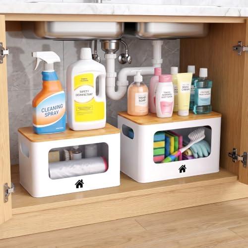 ALOCEO Metal Trash Bag Holder with Bamboo Lid - 13/30/33 Gallon Garbage Bag Dispenser - Under Sink Organizer - Laundry Room Organization - Stackable Bins for Pantry and Kitchen Storage - 2 Pack White - Image 4