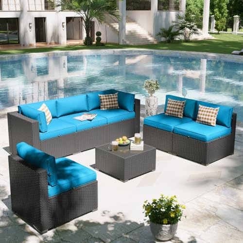 Aoxun Patio Furniture Set, 7 Piece Outdoor Sectional Sofas with Waterproof Cover, Wicker Rattan Outdoor Furniture Patio Conversation Set for Backyard, Garden Peacock Blue - Image 4