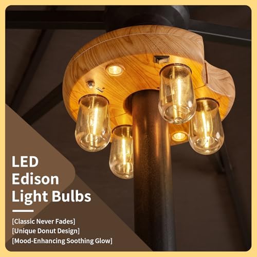 Wood Grain Patio Umbrella Light with Remote Control, Rechargeable Cordless LED Edison Bulbs Pole Light with 10 Brightness Levels for Garden, Patio, Backyard, Camping or BBQ (2 Pack) - Image 6