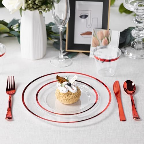 N9R 600PCS Clear & Red Plastic Plates, Disposable Dinnerware Set Heavy Duty - Image 4