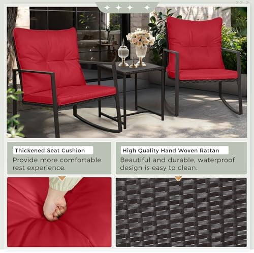 SUNCROWN 3 Piece Outdoor Rocking Bistro Set Black Wicker Furniture Porch Chairs Conversation Sets with Glass Coffee Table, Red - Image 6