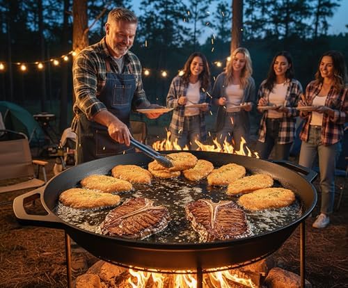 LI-GELISI 26-inch cast iron frying pan with double auxiliary handles, nitrogen-treated for rust resistance, suitable for stoves/grills/campfires, heavy-duty frying pan for outdoor cooking - Image 4