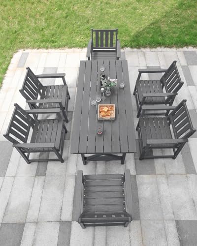 7 Pieces HDPE Outdoor Dining Set, Patio Dining Set with Umbrella Hole, All Weather Outdoor Dining Table Sets for 6, HDPE Patio Furniture Sets for Deck, Backyard, Lawn, and Poolside, Smoke Gray - Image 4