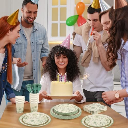Kochorie 144 Pieces Floral Party Supplies, Sage Green Flower Tableware Sets Including Disposable Paper Plates Napkins Cups Forks Serves 24 for Wedding Baby Shower Birthday Party Decorations - Image 6
