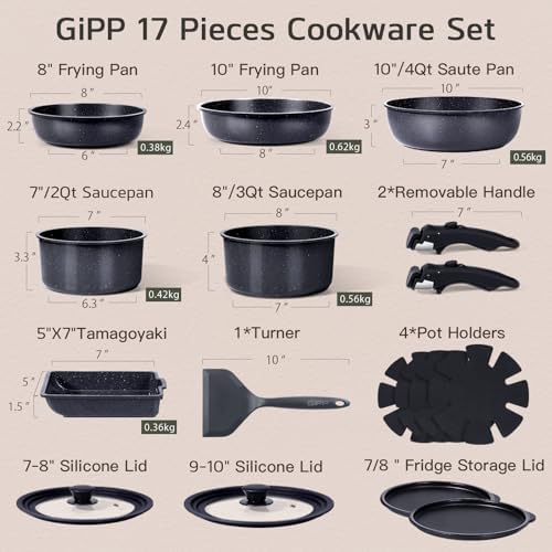 GiPP 17PCS Pots and Pans Set Nonstick Cookware Set with Detachable Handle - Image 3